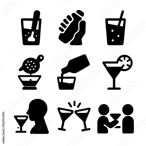 Cocktail Mixing Icons. Solid, filled icon set of cocktail mixing steps: muddling, shaking, stirring, straining, pouring,