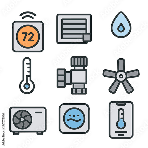 Automated Climate Icons. Flat icon set of automated climate control: smart thermostat, motorized vent, humidity sensor,