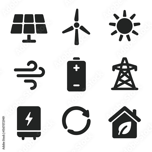 Renewable Energy Icons. Solid, filled icons set of renewable energy sources: solar panel, wind turbine, sun,
