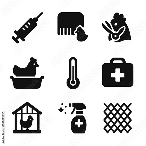 Chicken Care Icons. Solid, filled icons set of chicken health and safety: vaccine syringe, parasite comb, beak
