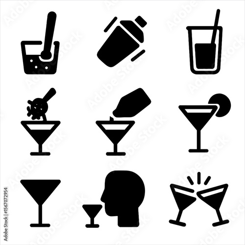 Cocktail Mixing Icons. Solid, filled icon set of cocktail mixing steps: muddling, shaking, stirring, straining, pouring,