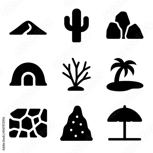 Desert Habitats Icons. Solid, filled icon set of desert animal habitats: sand dune, cactus, rocky outcrop, burrow, dry shrub,