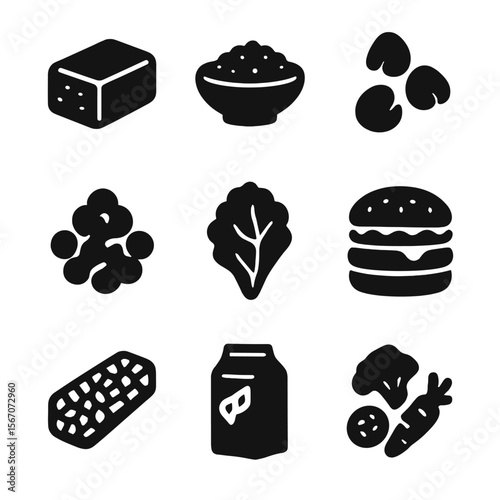 Plant-Based Food Icons. Solid, filled icon set of plant-based meals: tofu block, lentil bowl, chickpeas, quinoa, salad leaf,