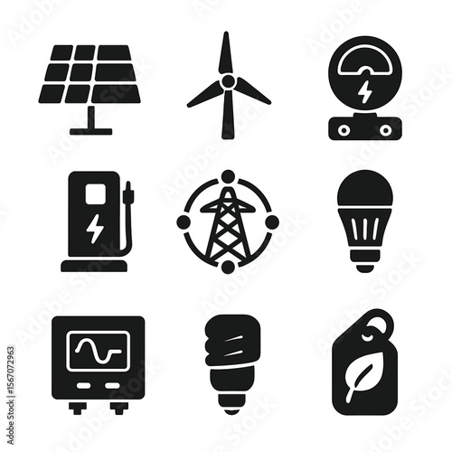 Renewable Energy Icons. Solid, filled icons set of renewable energy integration: solar panel, wind turbine,
