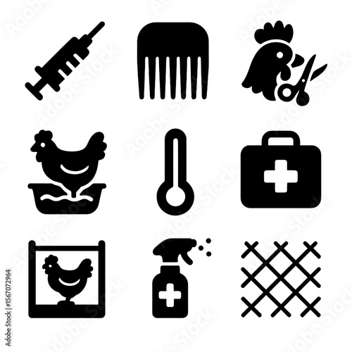 Chicken Care Icons. Solid, filled icons set of chicken health and safety: vaccine syringe, parasite comb, beak