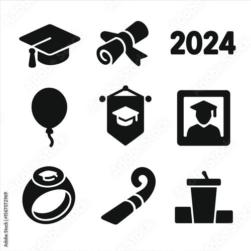 Graduation Celebration Icons. Solid, filled icons set of graduation celebration items: mortarboard hat,