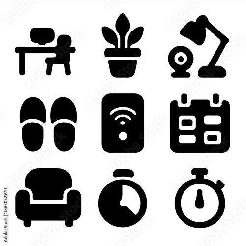 Remote Work Icons. Solid, filled icons set of remote work environments: home desk, plant pot, task lamp,