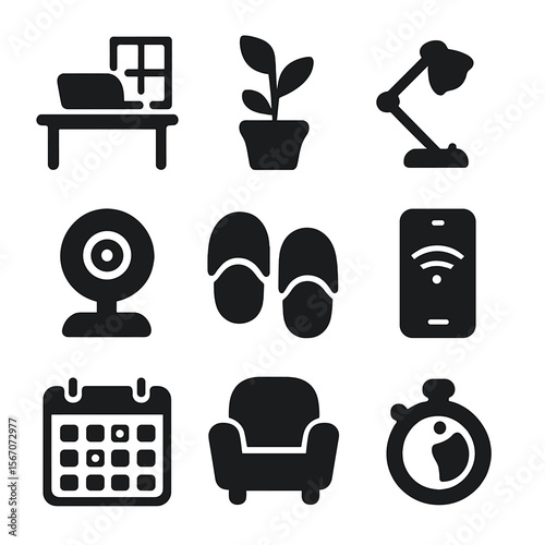 Remote Work Icons. Solid, filled icons set of remote work environments: home desk, plant pot, task lamp,