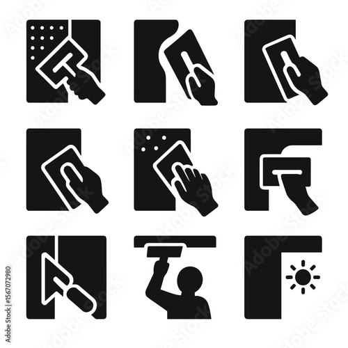 Plaster Application Icons. Solid, filled icon set of plaster application process: surface prep, applying base coat, smoothing