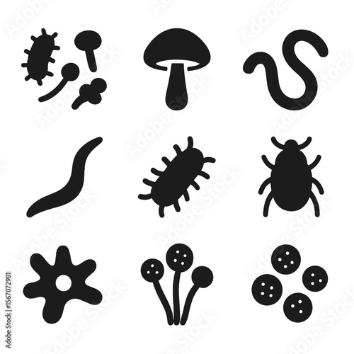 Composting Microorganism Icons. Solid, filled icon set of composting microorganisms: bacteria, fungi, earthworm, nematode, microbe