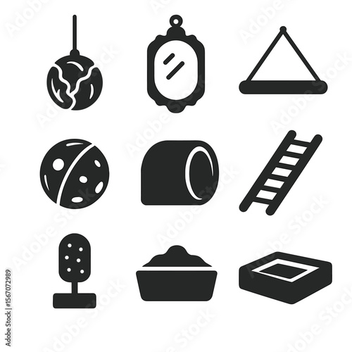 Chicken Enrichment Icons. Solid, filled icons set of chicken enrichment and activity: hanging cabbage, mirror