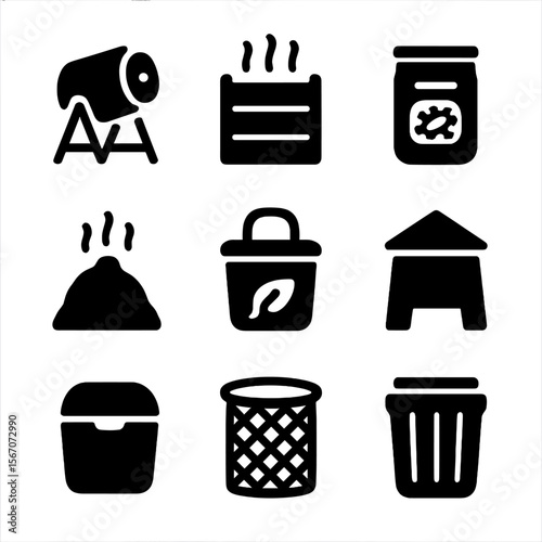 Compost Bin Icons. Solid, filled icon set of compost bin types: tumbler, stationary bin, worm composting bin, heap pile, kitchen
