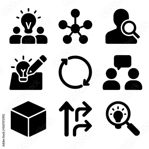 Design Thinking Icons. Solid, filled icon set of Design thinking: ideation session, mind map nodes, user research, creative sketch