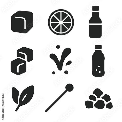Cocktail Ingredients Icons. Solid, filled icon set of cocktail ingredient elements: ice cube, lime slice, bitters bottle, sugar