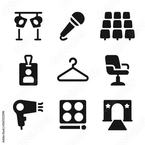 Fashion Show Icons. Solid, filled icon set of fashion show elements: stage lights, microphone, seating chart, backstage pass,