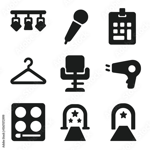 Fashion Show Icons. Solid, filled icon set of fashion show elements: stage lights, microphone, seating chart, backstage pass,
