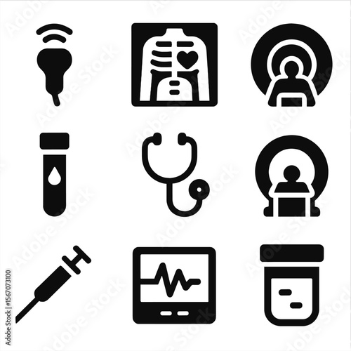 Diagnostic Tools Icons. Solid, filled icon set of diagnostic tools for organ pain: ultrasound probe, X-ray image, MRI scan, blood
