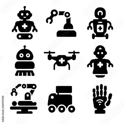 Robotic Health Assistants Icons. Solid, filled icons set of robotic health assistants: care robot, robotic arm