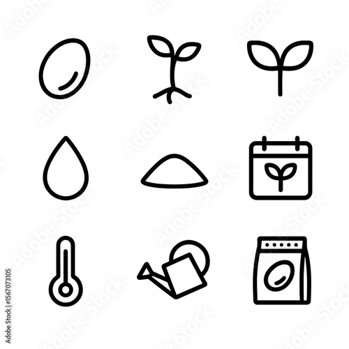 Seed Germination Icons. Outline icon set of seed germination process: seed, sprout, cotyledon leaf, moisture droplet, soil mound,
