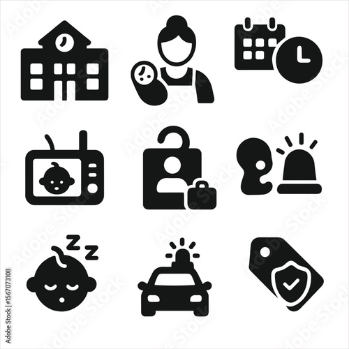 Childcare Work Harmony. Solid, filled icons set of childcare and work integration: daycare building,