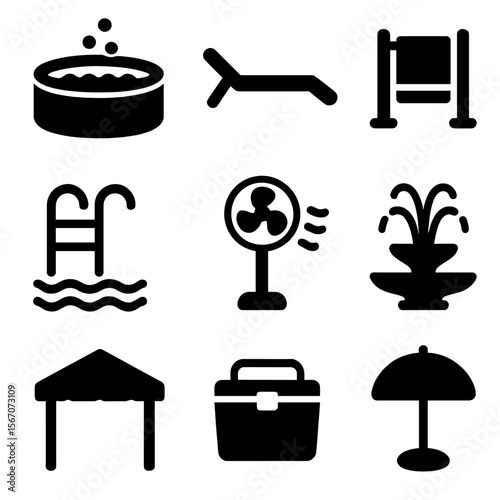 Poolside Spa Icons. Solid, filled icon set of poolside spa equipment: hot tub, lounge chair, towel rack, pool ladder, misting fan,