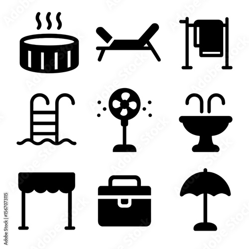 Poolside Spa Icons. Solid, filled icon set of poolside spa equipment: hot tub, lounge chair, towel rack, pool ladder, misting fan,