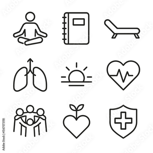 Self-Care Icon Grid. Outline icon set of self-care and resilience: meditation pose, journal notebook, therapy couch, breathing