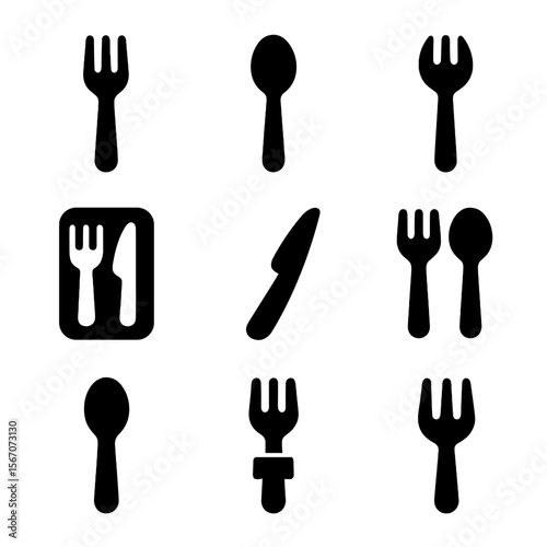 Portable Cutlery Icons. Solid, filled icon set of portable and disposable cutlery: plastic fork, wooden spoon, metal spork, travel
