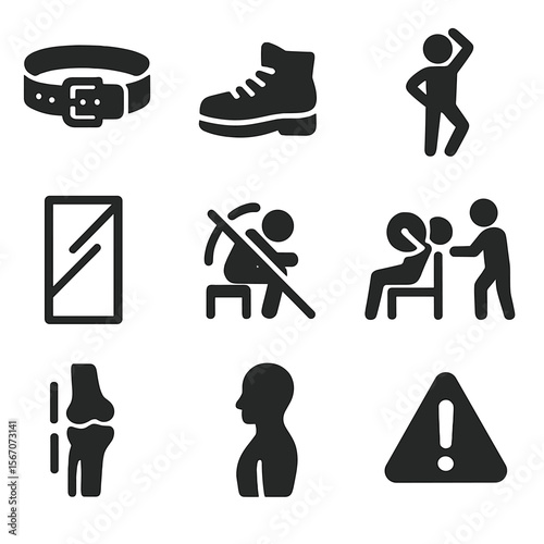 Gym Safety Icons. Solid, filled icons set of gym safety and alignment: safety belt, proper shoes, warm-up icon
