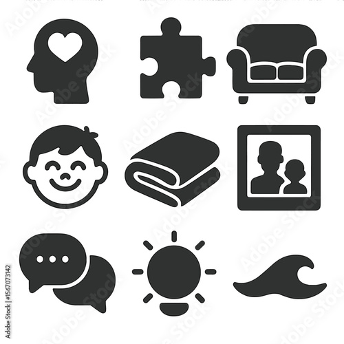 Childhood Nostalgia Icons. Solid, filled icons set of childhood nostalgia and memories: memory icon, puzzle