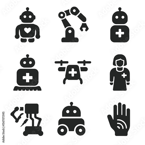 Robotic Health Assistants Icons. Solid, filled icons set of robotic health assistants: care robot, robotic arm
