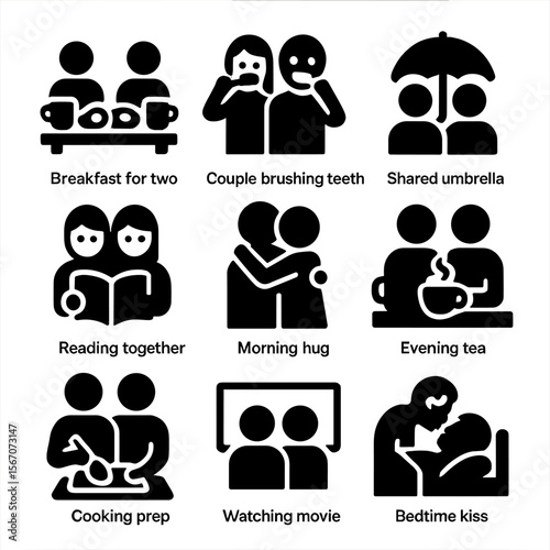 Romantic Routine Icons. Solid, filled icons set of romantic daily routines: breakfast for two, couple brushing