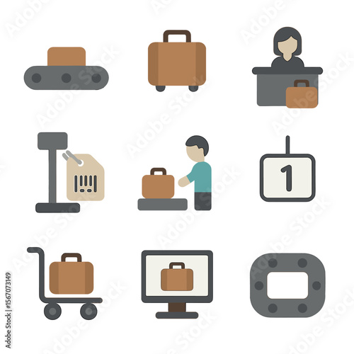 Baggage Claim Icons. Flat icon set of baggage reclaim: carousel belt, suitcase, lost luggage counter, tag scanner, passenger