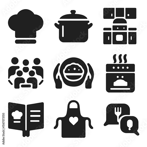 Group Cooking Icons. Solid, filled icons set of group cooking and shared meals: chef hat, cooking pot, kitchen