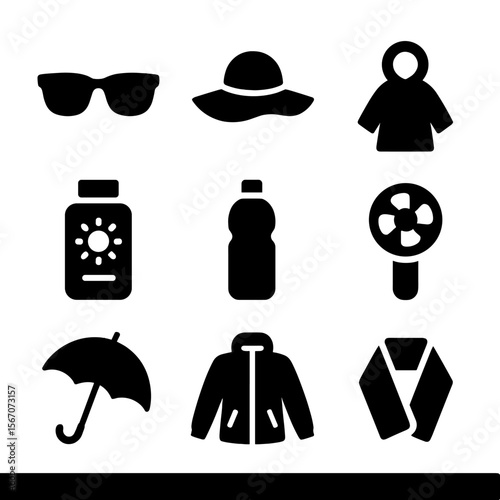 Festival Weather Gear Icons. Solid, filled icon set of festival weather gear: sunglasses, sun hat, rain poncho, sunscreen, water