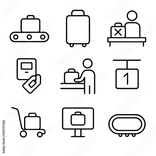 Baggage Claim Icons. Outline icon set of baggage reclaim: carousel belt, suitcase, lost luggage counter, tag scanner, passenger