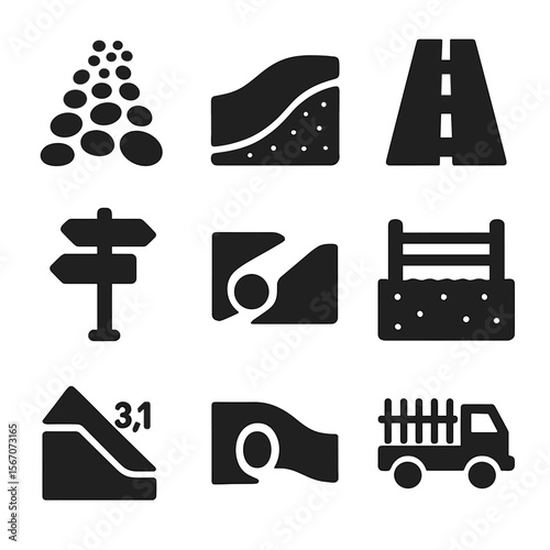 Rural Paving Icons. Solid, filled icons set of rural paving projects: gravel path, compacted soil, single-lane