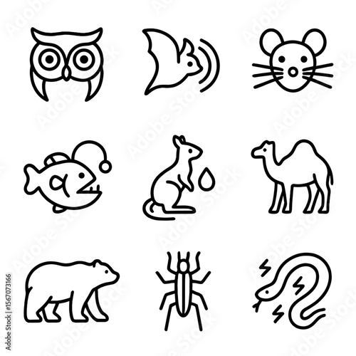 Sensory & Behavioral Icons. Outline icon set of sensory and behavioral adaptations: owl large eyes, bat echolocation waves,