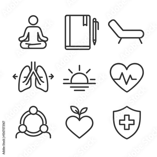 Self-Care Icon Grid. Outline icon set of self-care and resilience: meditation pose, journal notebook, therapy couch, breathing