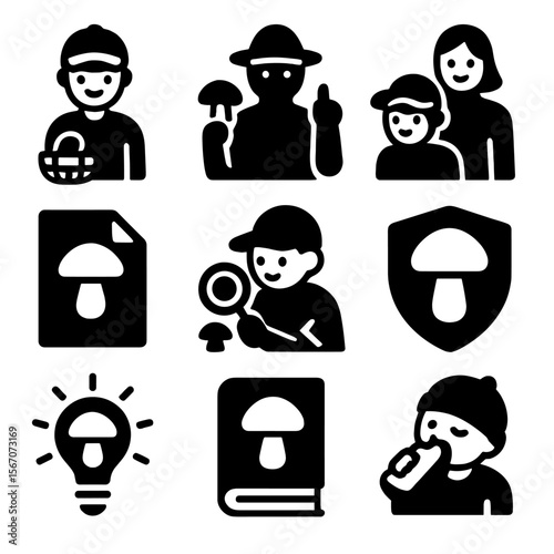 Children Mushroom Foraging Icons. Solid, filled icons set of children learning mushroom foraging: child with