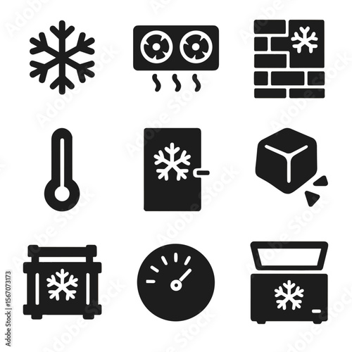 Cold Storage Icons. Solid, filled icon set of cold storage warehouse: snowflake icon, cooling unit, insulated wall, temperature