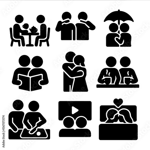 Romantic Routine Icons. Solid, filled icons set of romantic daily routines: breakfast for two, couple brushing