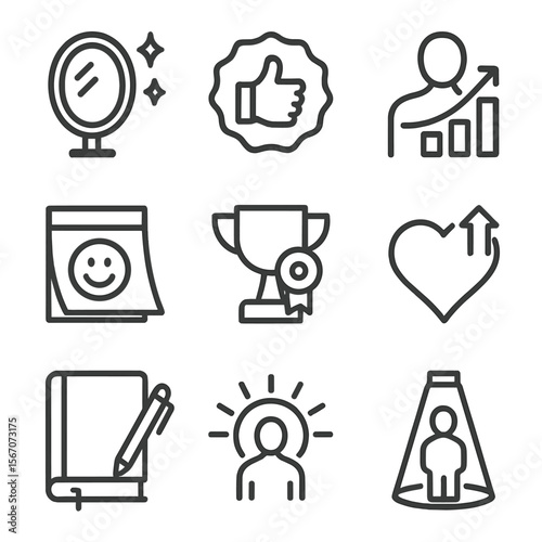 Self-Esteem Icons. Outline icon set of self-esteem boosters: mirror with sparkles, thumbs-up badge, rising bar chart on person