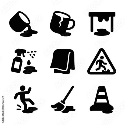 Coffee Spill Icons. Solid, filled icon set of coffee spill accidents: spilled cup, broken mug, wet table, stain removal spray,
