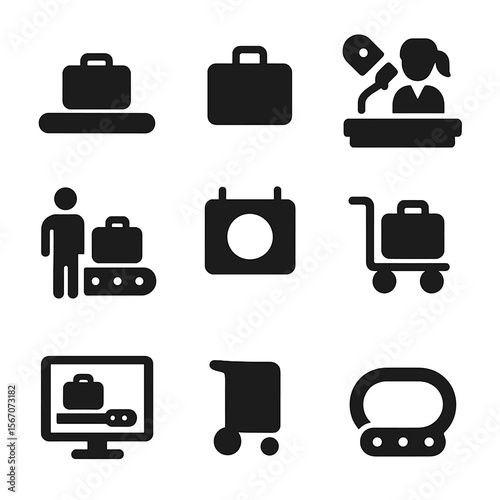 Baggage Reclaim Icons. Solid, Filled icon set of baggage reclaim: carousel belt, suitcase, lost luggage counter, tag scanner,