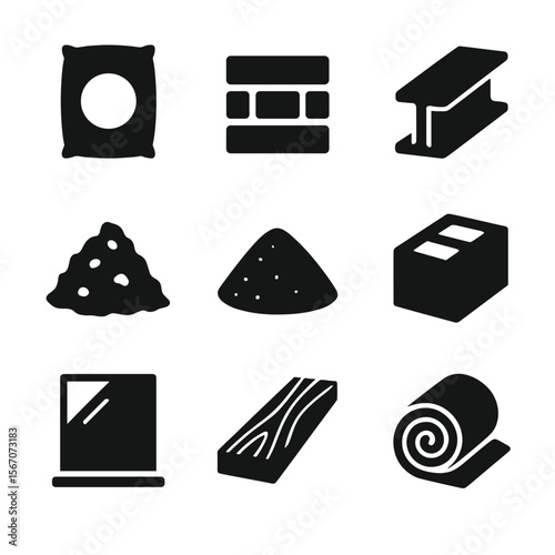 Construction Material Icons. Solid, filled icon set of construction raw materials: cement bag, brick, steel beam, gravel pile,