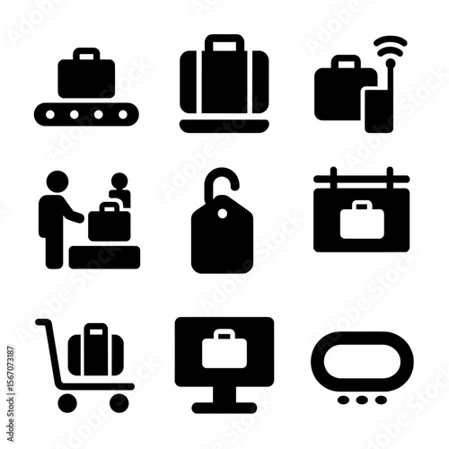 Baggage Reclaim Icons. Solid, Filled icon set of baggage reclaim: carousel belt, suitcase, lost luggage counter, tag scanner,