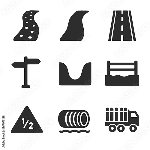 Rural Paving Icons. Solid, filled icons set of rural paving projects: gravel path, compacted soil, single-lane