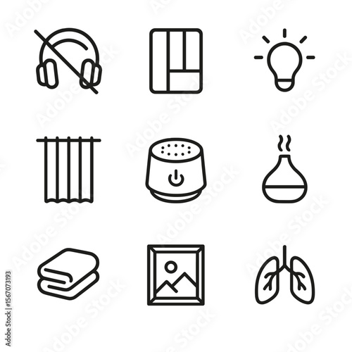 Sensory Declutter Icon Set. Outline icon set of sensory decluttering environment: noise-cancelling headphones crossed out, neutral