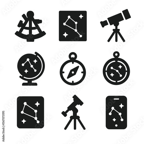 Constellation Tool Icons. Solid, filled icon set of constellation navigation tools: sextant, star map, telescope, celestial globe,